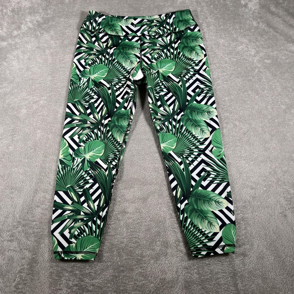 Ava Sky Fit Fighting Eel Leggings Womens Medium Green Tropical Palm Leaf Stretch